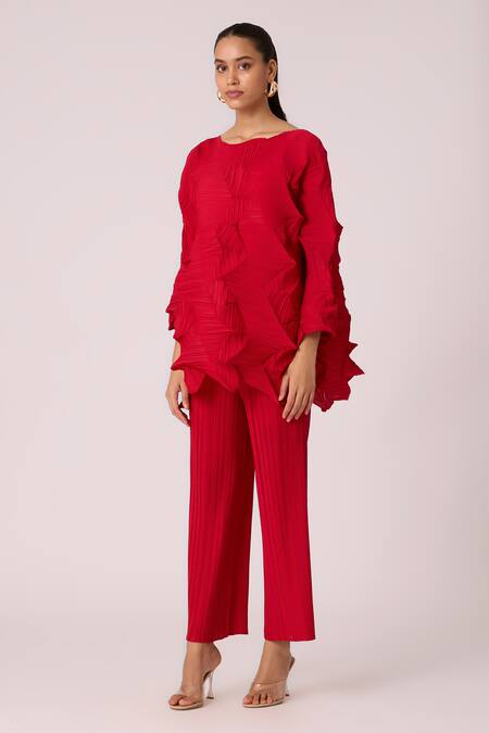 Scarlet Sage_Red Polyester Round Neck Mona Pleat Detailed Top With Pant_at_Aza_Fashions