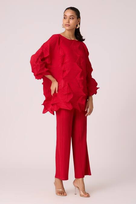 Shop_Scarlet Sage_Red Polyester Round Neck Mona Pleat Detailed Top With Pant