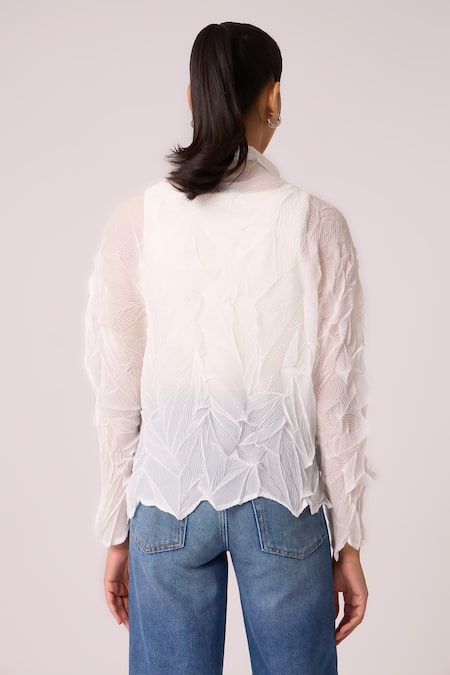 Shop Scarlet Sage White Polyester Collared Paige Pleat Detailed Sheer Shirt at Aza Fashions Shop_Scarlet Sage_White Polyester Collared Paige Pleat Detailed Sheer Shirt_at_Aza_Fashions