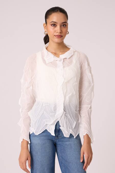 Scarlet Sage White Polyester Collared Paige Pleat Detailed Sheer Shirt Online at Aza Fashions Scarlet Sage_White Polyester Collared Paige Pleat Detailed Sheer Shirt_Online_at_Aza_Fashions