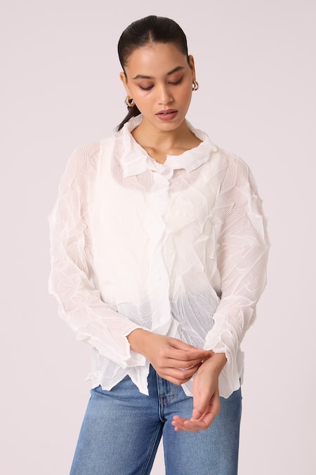 Buy Scarlet Sage White Polyester Collared Paige Pleat Detailed Sheer Shirt Online at Aza Fashions Buy_Scarlet Sage_White Polyester Collared Paige Pleat Detailed Sheer Shirt_Online_at_Aza_Fashions