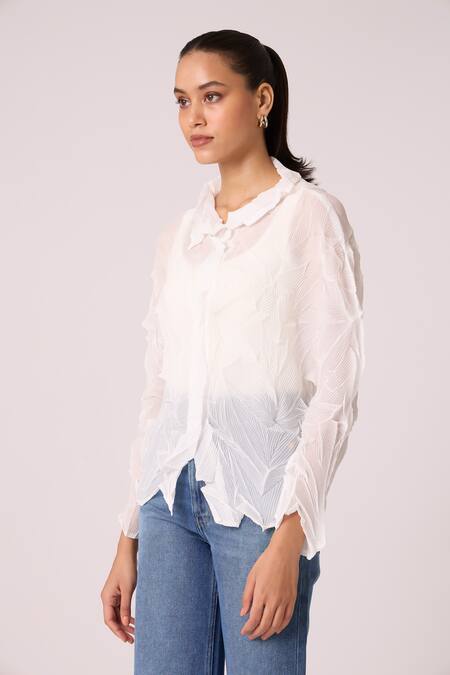 Shop Scarlet Sage White Polyester Collared Paige Pleat Detailed Sheer Shirt Online at Aza Fashions Shop_Scarlet Sage_White Polyester Collared Paige Pleat Detailed Sheer Shirt_Online_at_Aza_Fashions