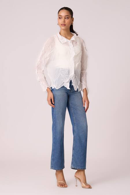 Scarlet Sage White Polyester Collared Paige Pleat Detailed Sheer Shirt at Aza Fashions Scarlet Sage_White Polyester Collared Paige Pleat Detailed Sheer Shirt_at_Aza_Fashions
