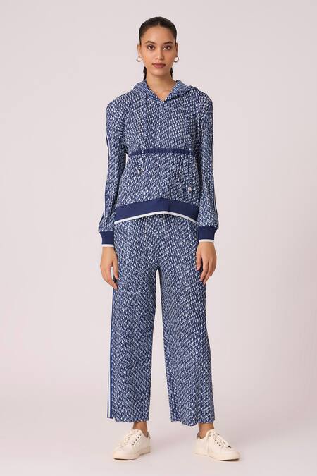 Shop Scarlet Sage Blue Polyester Embroidery Halter Neck Rae Floral Printed Top With Pant Online at Aza Fashions Shop_Scarlet Sage_Blue Polyester Embroidery Halter Neck Rae Floral Printed Top With Pant_Online_at_Aza_Fashions