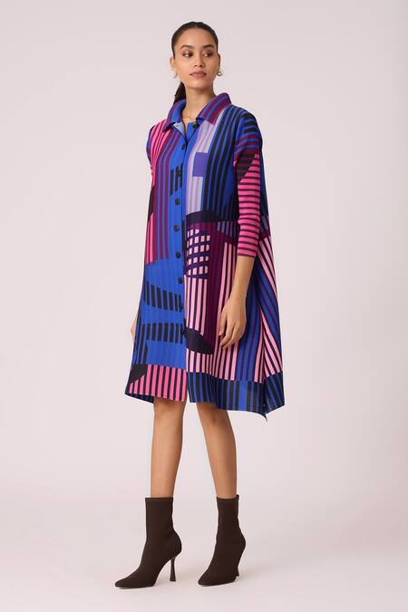 Shop_Scarlet Sage_Blue Polyester Collared Rory Abstract Print Shirt Dress_Online_at_Aza_Fashions