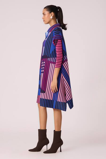 Scarlet Sage_Blue Polyester Collared Rory Abstract Print Shirt Dress_at_Aza_Fashions
