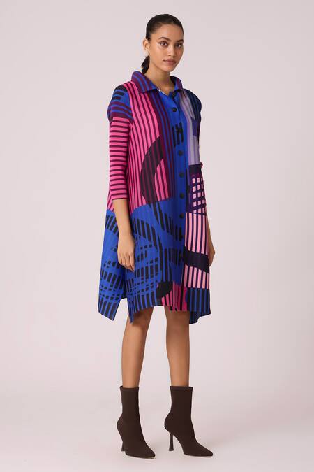 Buy_Scarlet Sage_Blue Polyester Collared Rory Abstract Print Shirt Dress
