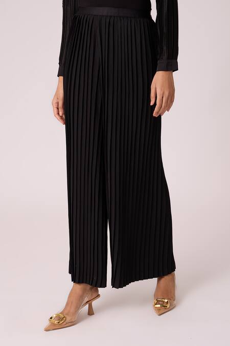 Scarlet Sage_Black Polyester Sara Pleated Pant _Online_at_Aza_Fashions
