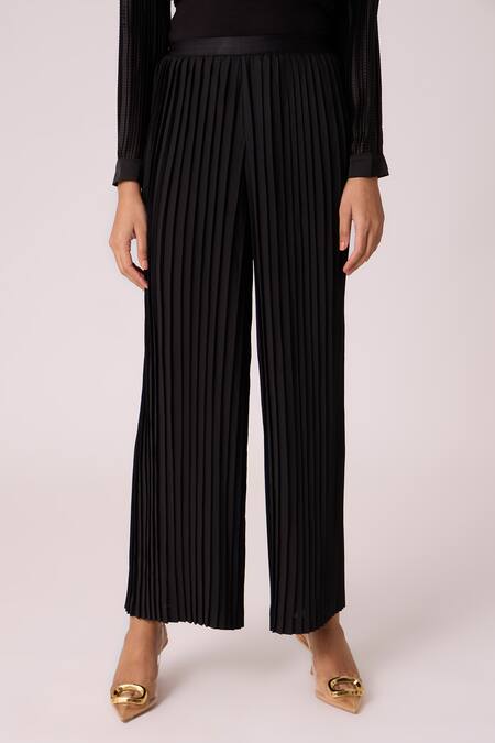 Buy_Scarlet Sage_Black Polyester Sara Pleated Pant _Online_at_Aza_Fashions