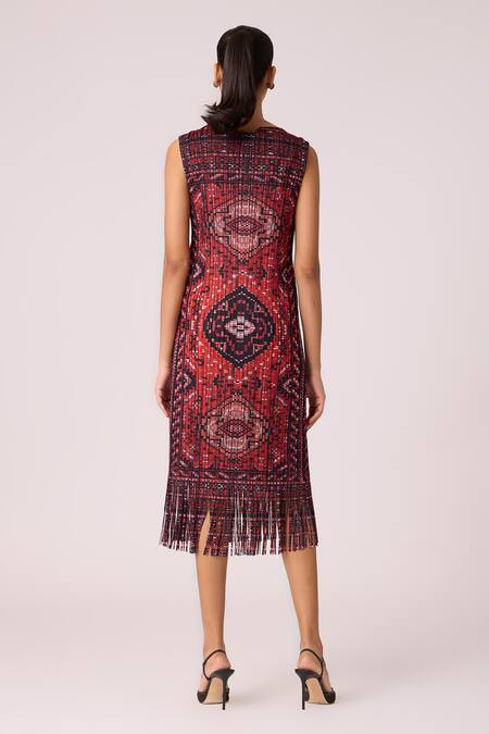 Shop Scarlet Sage Orange Polyester Fringe Square Neck Sash Printed Dress at Aza Fashions Shop_Scarlet Sage_Orange Polyester Fringe Square Neck Sash Printed Dress_at_Aza_Fashions