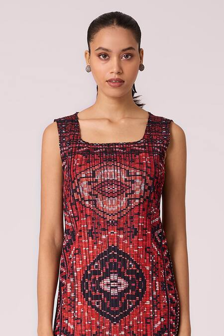 Scarlet Sage Orange Polyester Fringe Square Neck Sash Printed Dress Online at Aza Fashions Scarlet Sage_Orange Polyester Fringe Square Neck Sash Printed Dress_Online_at_Aza_Fashions