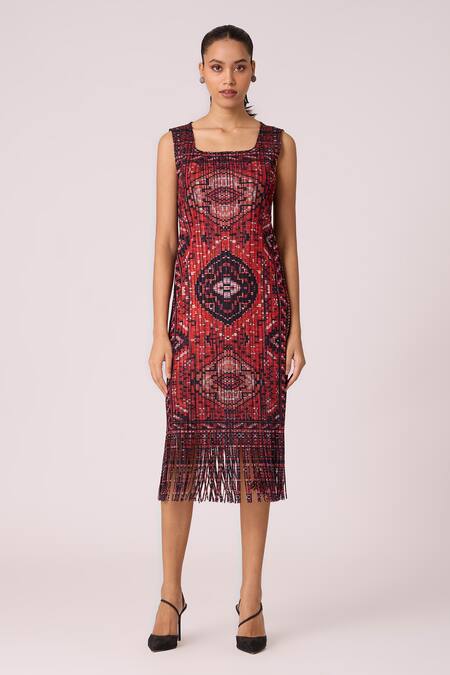 Buy Scarlet Sage Orange Polyester Fringe Square Neck Sash Printed Dress Online at Aza Fashions Buy_Scarlet Sage_Orange Polyester Fringe Square Neck Sash Printed Dress_Online_at_Aza_Fashions