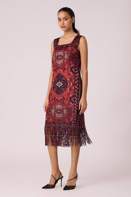 Shop Scarlet Sage Orange Polyester Fringe Square Neck Sash Printed Dress Online at Aza Fashions Shop_Scarlet Sage_Orange Polyester Fringe Square Neck Sash Printed Dress_Online_at_Aza_Fashions