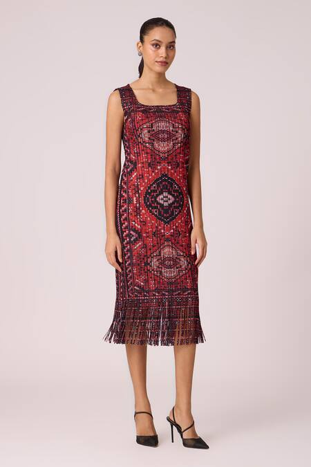 Scarlet Sage Orange Polyester Fringe Square Neck Sash Printed Dress at Aza Fashions Scarlet Sage_Orange Polyester Fringe Square Neck Sash Printed Dress_at_Aza_Fashions