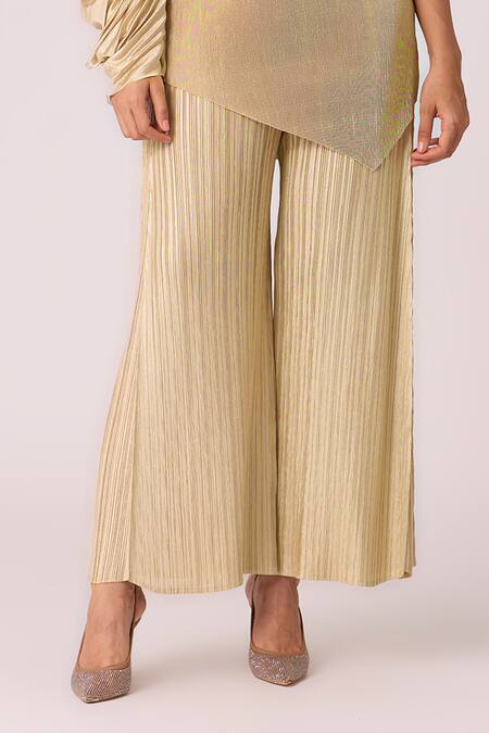 Scarlet Sage_Gold Polyester Embroidery Asymmetric Skylar Top And Pant Set_Online_at_Aza_Fashions