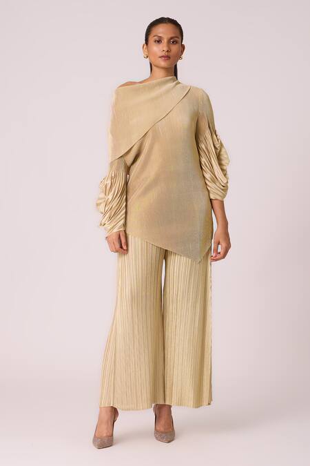 Buy_Scarlet Sage_Gold Polyester Embroidery Asymmetric Skylar Top And Pant Set_Online_at_Aza_Fashions