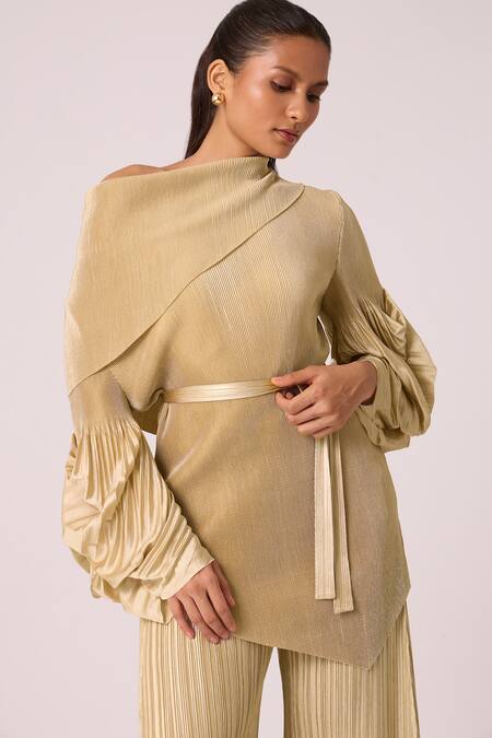 Shop_Scarlet Sage_Gold Polyester Embroidery Asymmetric Skylar Top And Pant Set_Online_at_Aza_Fashions