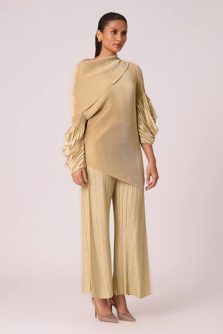 Scarlet Sage_Gold Polyester Embroidery Asymmetric Skylar Top And Pant Set_at_Aza_Fashions