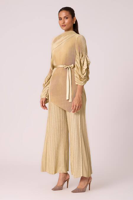 Buy_Scarlet Sage_Gold Polyester Embroidery Asymmetric Skylar Top And Pant Set
