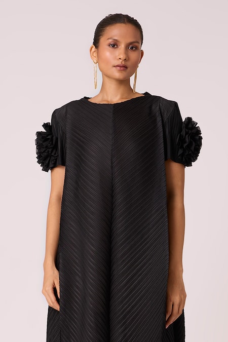 Scarlet Sage_Black Polyester Round Neck Soliel Pleated A-line Dress_Online_at_Aza_Fashions