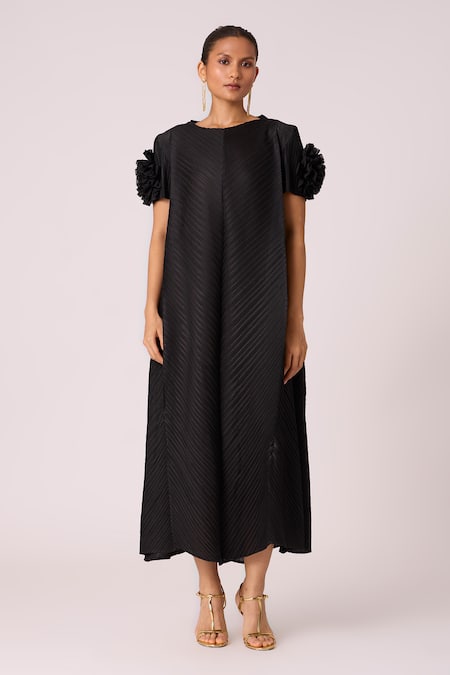Buy_Scarlet Sage_Black Polyester Round Neck Soliel Pleated A-line Dress_Online_at_Aza_Fashions