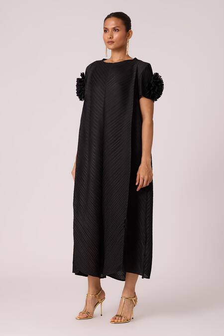 Shop_Scarlet Sage_Black Polyester Round Neck Soliel Pleated A-line Dress_Online_at_Aza_Fashions
