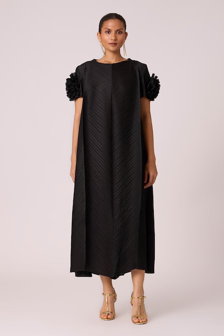 Scarlet Sage_Black Polyester Round Neck Soliel Pleated A-line Dress_at_Aza_Fashions