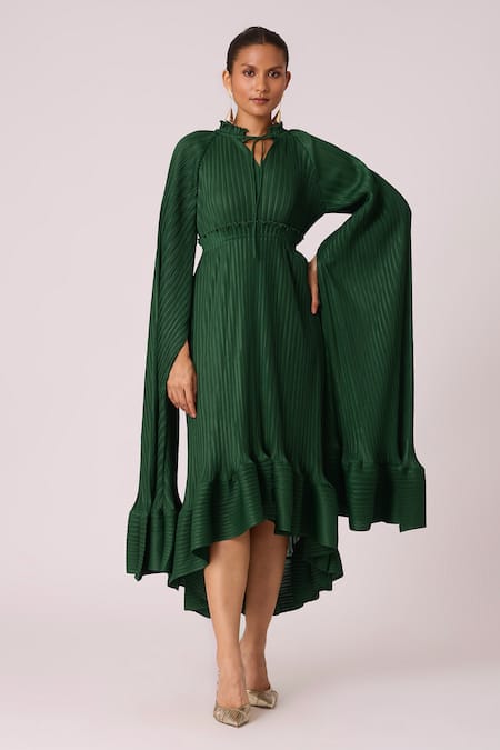 Scarlet Sage Green 100% Polyester Tie-up Tasmina Asymmetric Cape Sleeve Dress 