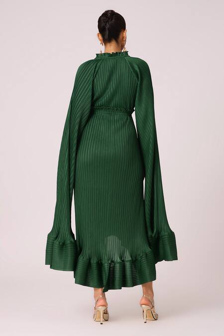 Shop Scarlet Sage Green Polyester Keyhole Neck Tasmina Asymmetric Cape Sleeve Dress at Aza Fashions Shop_Scarlet Sage_Green Polyester Keyhole Neck Tasmina Asymmetric Cape Sleeve Dress_at_Aza_Fashions