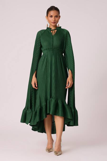Scarlet Sage Green Polyester Keyhole Neck Tasmina Asymmetric Cape Sleeve Dress Online at Aza Fashions Scarlet Sage_Green Polyester Keyhole Neck Tasmina Asymmetric Cape Sleeve Dress_Online_at_Aza_Fashions