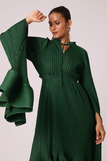 Buy Scarlet Sage Green Polyester Keyhole Neck Tasmina Asymmetric Cape Sleeve Dress Online at Aza Fashions Buy_Scarlet Sage_Green Polyester Keyhole Neck Tasmina Asymmetric Cape Sleeve Dress_Online_at_Aza_Fashions