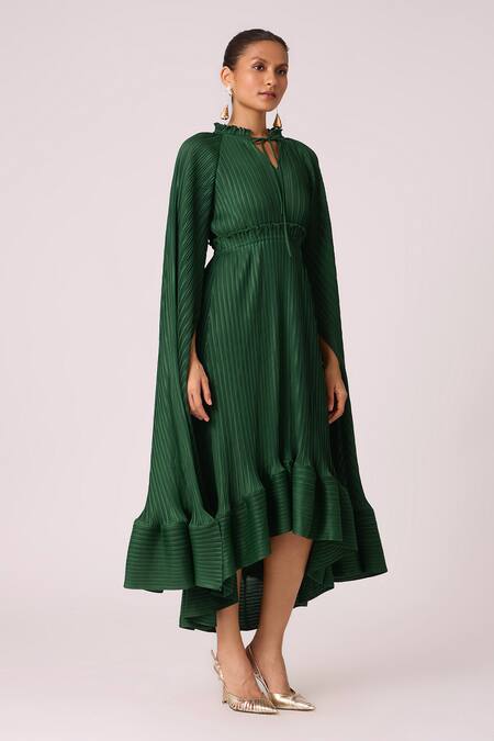 Shop Scarlet Sage Green Polyester Keyhole Neck Tasmina Asymmetric Cape Sleeve Dress Online at Aza Fashions Shop_Scarlet Sage_Green Polyester Keyhole Neck Tasmina Asymmetric Cape Sleeve Dress_Online_at_Aza_Fashions