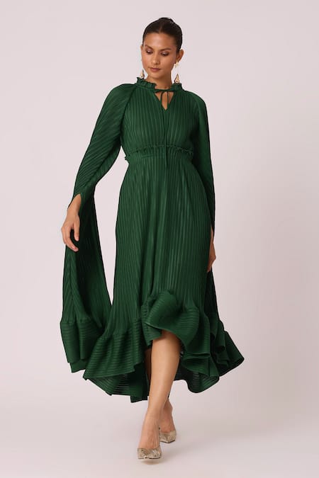 Scarlet Sage Green Polyester Keyhole Neck Tasmina Asymmetric Cape Sleeve Dress at Aza Fashions Scarlet Sage_Green Polyester Keyhole Neck Tasmina Asymmetric Cape Sleeve Dress_at_Aza_Fashions