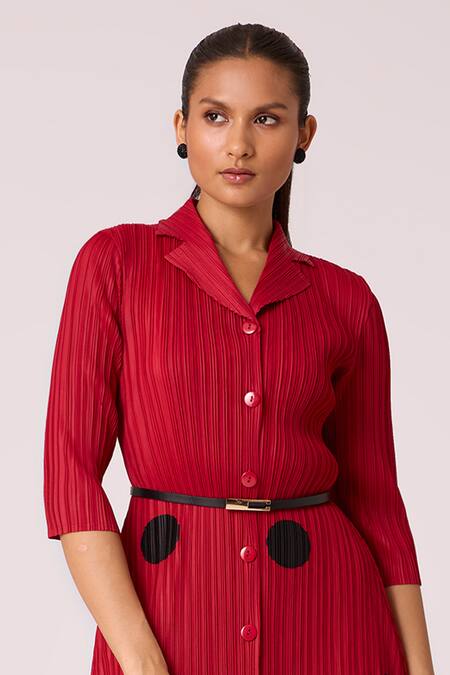 Scarlet Sage_Red Polyester Collared Teresa Pleated Shirt Dress_Online_at_Aza_Fashions