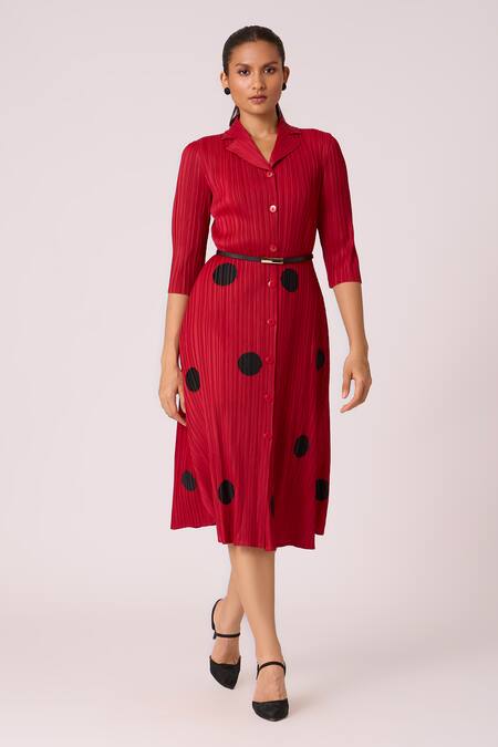 Buy_Scarlet Sage_Red Polyester Collared Teresa Pleated Shirt Dress_Online_at_Aza_Fashions