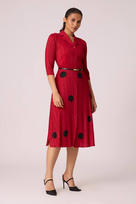 Shop_Scarlet Sage_Red Polyester Collared Teresa Pleated Shirt Dress_Online_at_Aza_Fashions