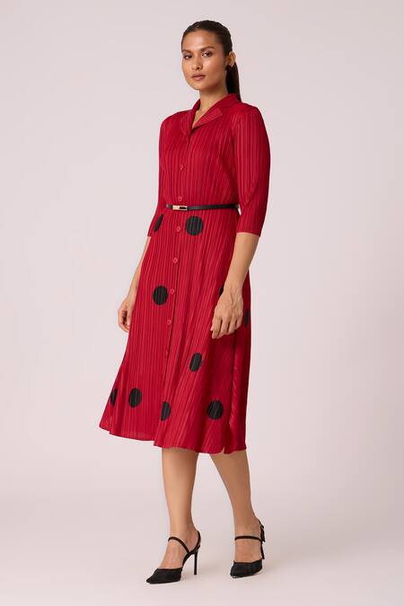 Scarlet Sage_Red Polyester Collared Teresa Pleated Shirt Dress_at_Aza_Fashions