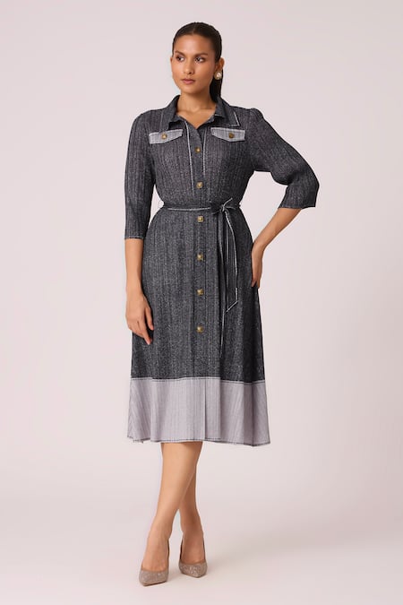 Scarlet Sage Blue 100% Polyester Collared Wynona Shirt Dress With Waist Belt 