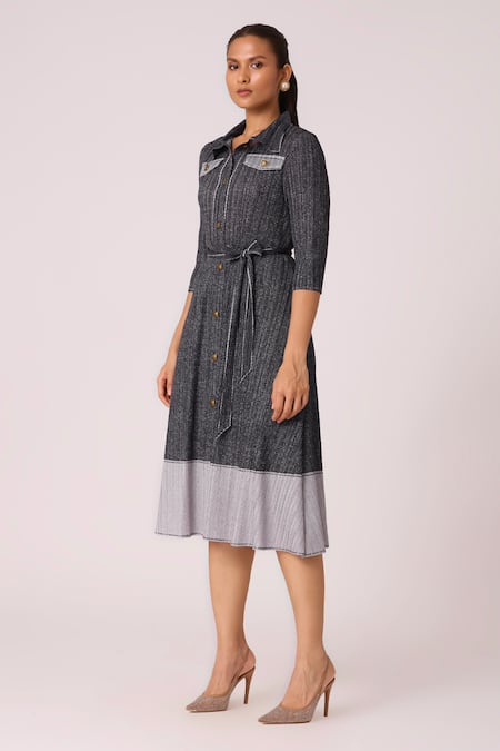 Buy_Scarlet Sage_Blue Polyester Collared Wynona Shirt Dress With Waist Belt_Online_at_Aza_Fashions