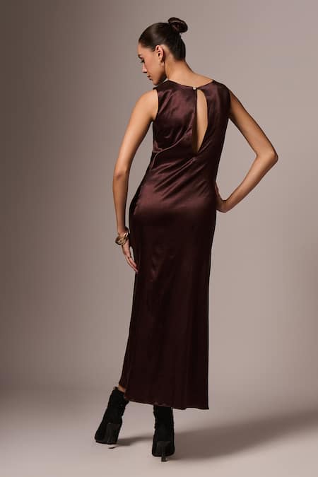 Shop Emblaze Brown Crepe Round Neck Solid Ruched Dress at Aza Fashions Shop_Emblaze_Brown Crepe Round Neck Solid Ruched Dress _at_Aza_Fashions