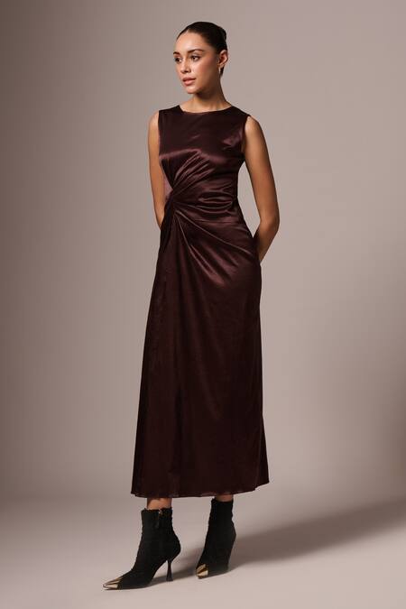Emblaze Brown Crepe Round Neck Solid Ruched Dress Online at Aza Fashions Emblaze_Brown Crepe Round Neck Solid Ruched Dress _Online_at_Aza_Fashions