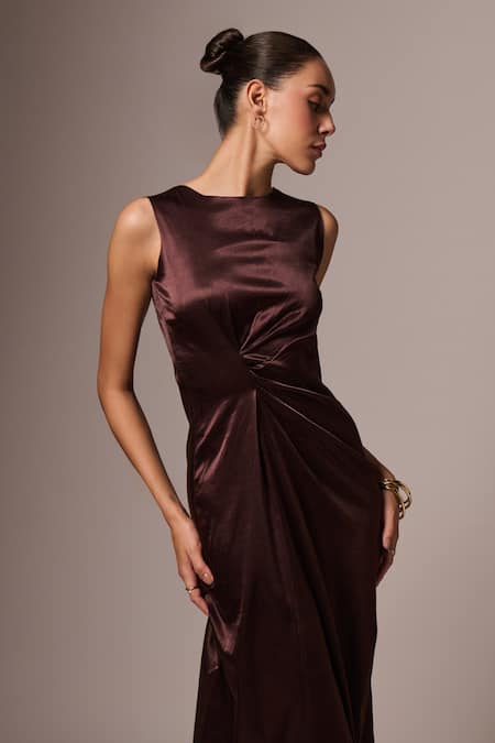 Shop Emblaze Brown Crepe Round Neck Solid Ruched Dress Online at Aza Fashions Shop_Emblaze_Brown Crepe Round Neck Solid Ruched Dress _Online_at_Aza_Fashions
