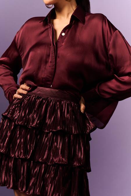 Shop_Emblaze_Wine Satin, Organza Shawl Neck Solid Shirt With Tiered Skirt _Online_at_Aza_Fashions