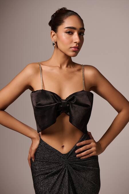 Shop_Emblaze_Black Viscose Textured Stone Sweetheart Front Bow Crop Top With Mermaid Skirt _Online_at_Aza_Fashions