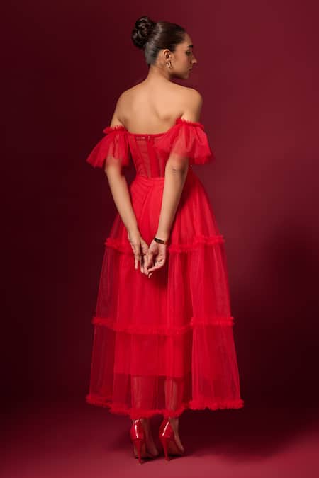 Emblaze Solid Tiered Off Shoulder Dress 