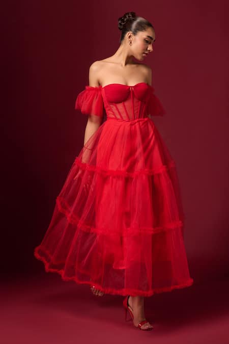 Emblaze Red Tulle Off-shoulder, Sweetheart Neck Solid Tiered Off Dress Online at Aza Fashions Emblaze_Red Tulle Off-shoulder, Sweetheart Neck Solid Tiered Off Dress _Online_at_Aza_Fashions