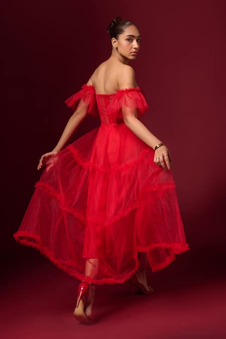 Buy Emblaze Red Tulle Off-shoulder, Sweetheart Neck Solid Tiered Off Dress Online at Aza Fashions Buy_Emblaze_Red Tulle Off-shoulder, Sweetheart Neck Solid Tiered Off Dress _Online_at_Aza_Fashions