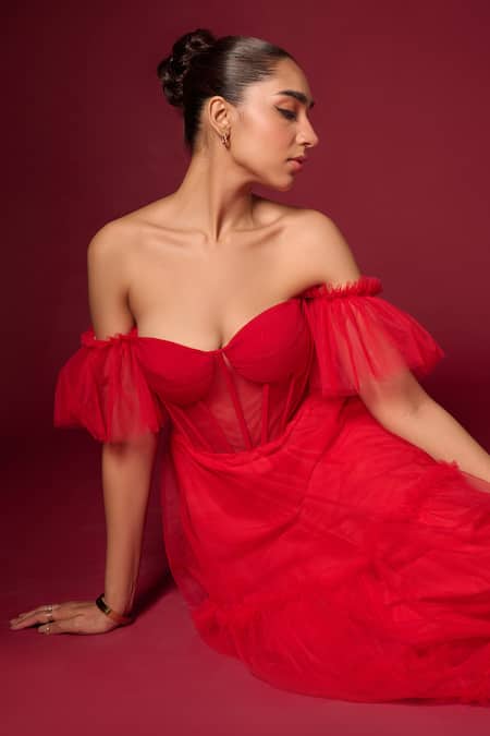 Shop Emblaze Red Tulle Off-shoulder, Sweetheart Neck Solid Tiered Off Dress Online at Aza Fashions Shop_Emblaze_Red Tulle Off-shoulder, Sweetheart Neck Solid Tiered Off Dress _Online_at_Aza_Fashions