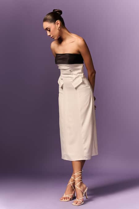 Emblaze White Crepe, Viscose Square Neck Contrast Panel Dress Online at Aza Fashions Emblaze_White Crepe, Viscose Square Neck Contrast Panel Dress _Online_at_Aza_Fashions