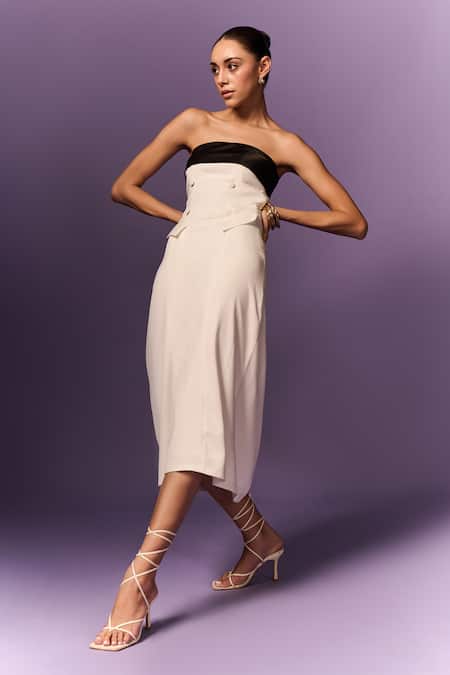 Shop Emblaze White Crepe, Viscose Square Neck Contrast Panel Dress Online at Aza Fashions Shop_Emblaze_White Crepe, Viscose Square Neck Contrast Panel Dress _Online_at_Aza_Fashions